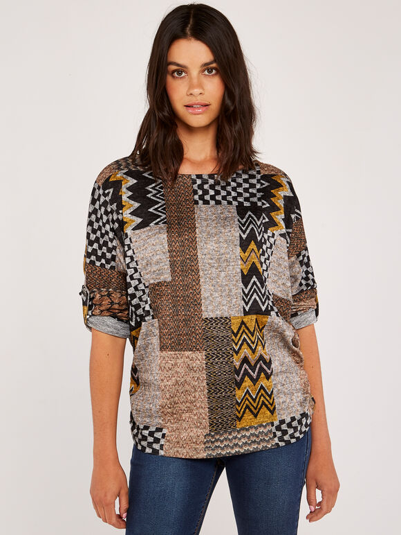 Chevron Patchwork Batwing Top, Mustard, large