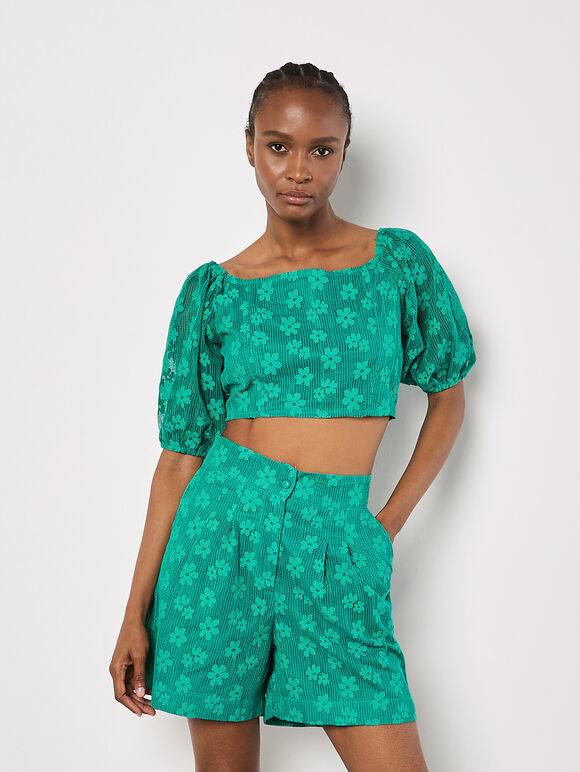 Daisy Mesh Cropped Top, Green, large