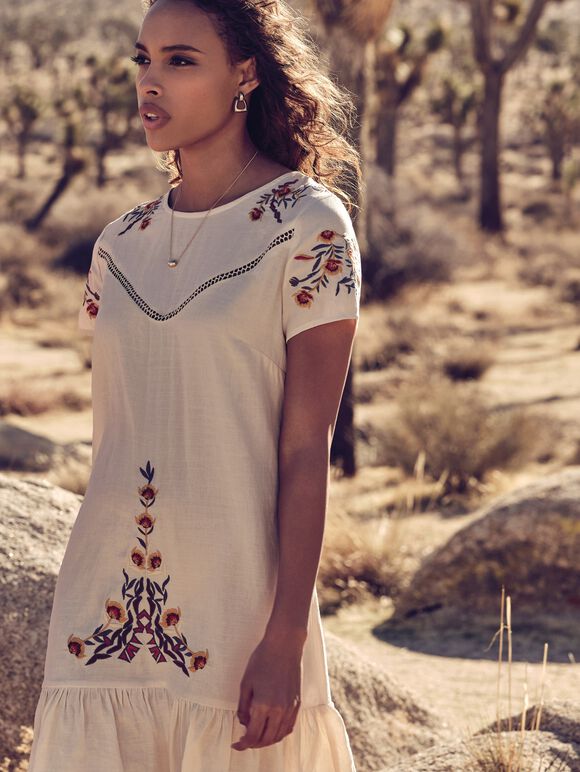 Embroidered Babydoll Hem Dress, Cream, large