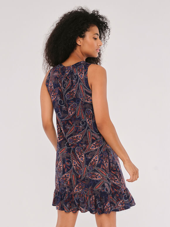 Paisley V Neck Ruffle Trim Dress, Navy, large