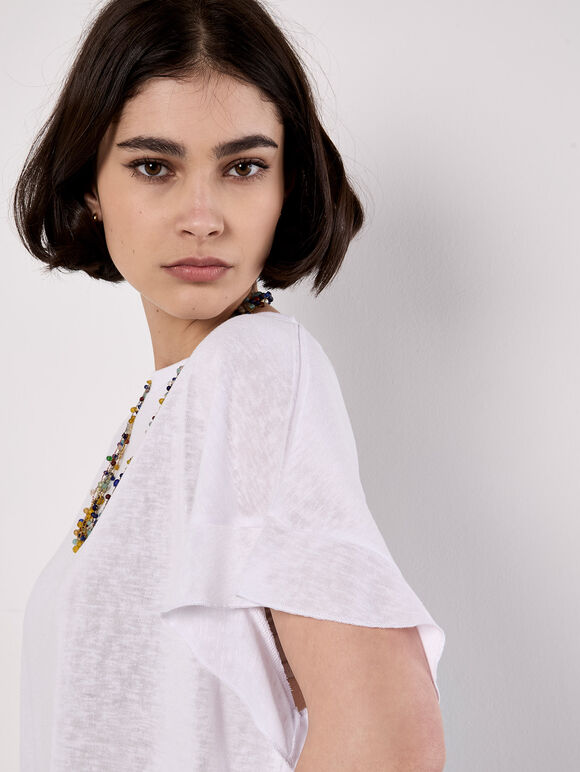 Ruffle Sleeve T-Shirt, White, large