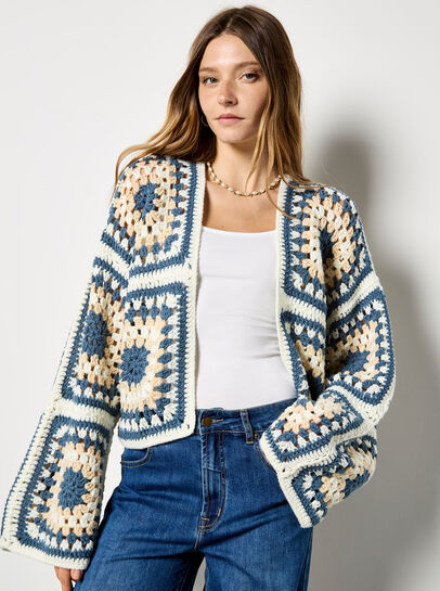 Hand-Knit Crochet Squares Cardigan