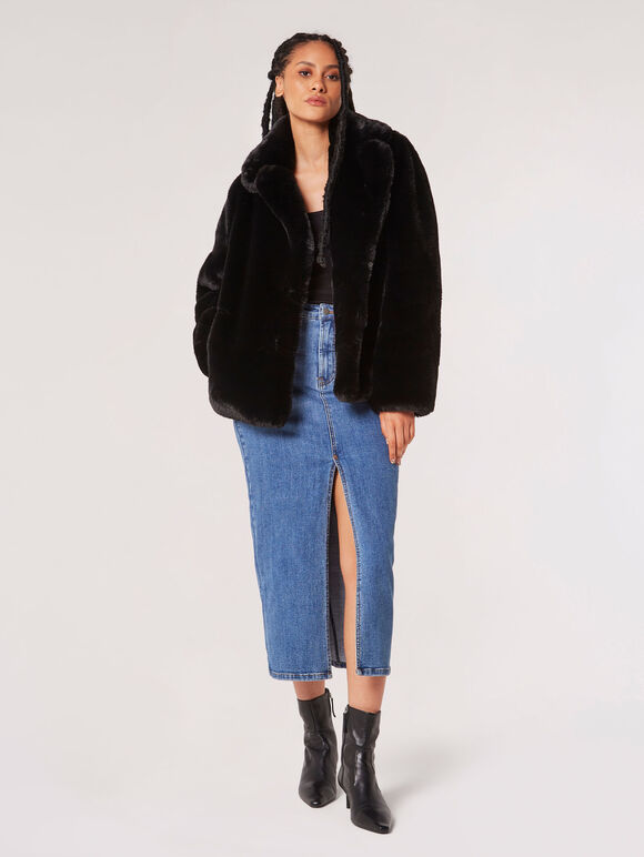 Short Opulent Fur Coat, Black, large
