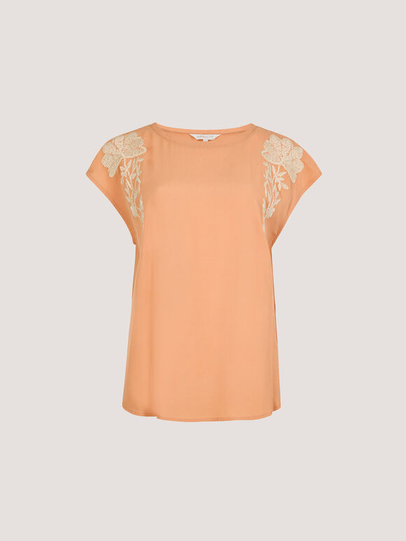Floral Embroidered Crepe Top, Peach, large