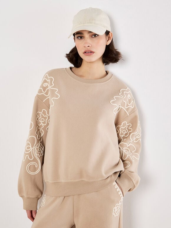 Floral Embroidered Sweatshirt, Cream, large