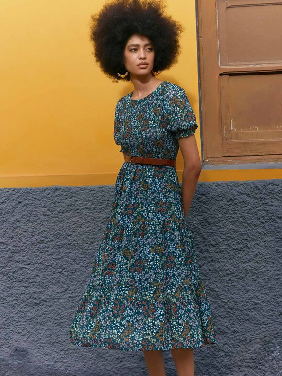 Ditsy Spray Midi Dress, Green, large