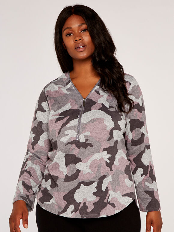 Curve Camo Zip Top, Pink, large