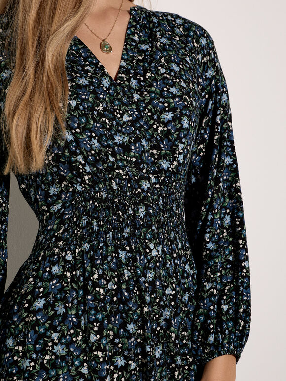 Ditsy Floral Crepe Midi Dress, Navy, large
