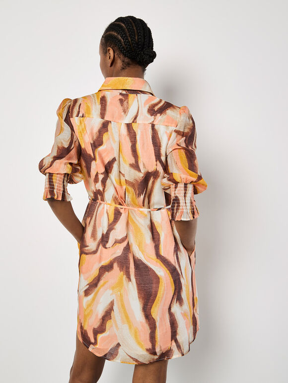 Painterly Swirls Shirt Mini Dress, Coral, large