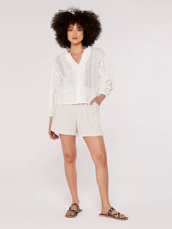 Broderie Puff Sleeve Shirt, Cream, large