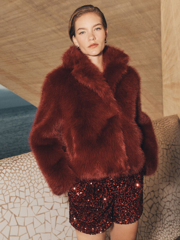 Faux Fur Short Coat, Burgundy, large