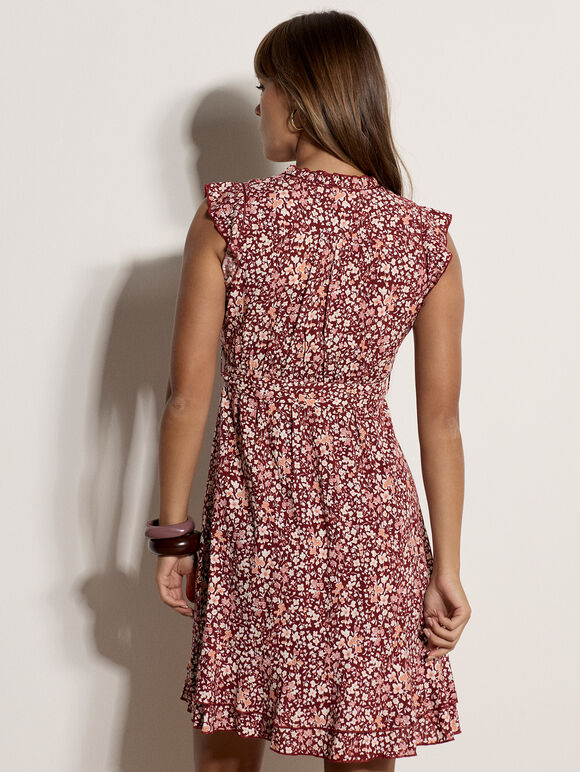 Ditsy Ruffle Mini Dress, Burgundy, large