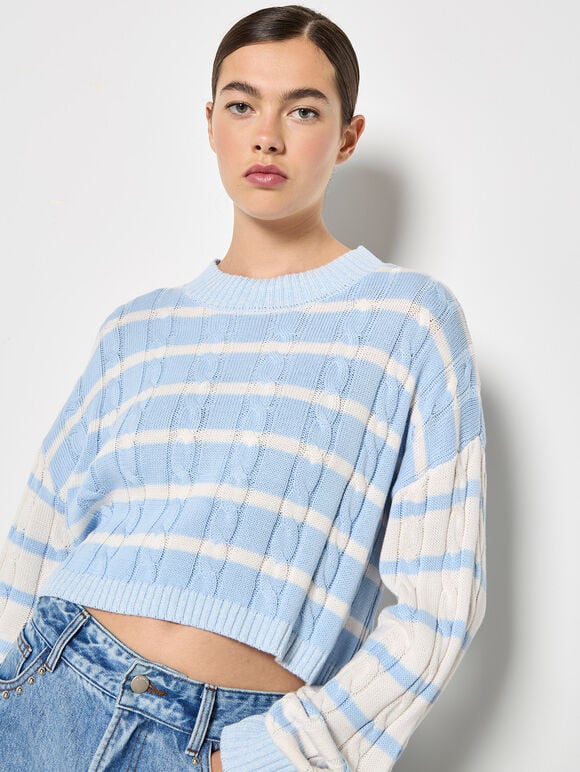 Contrast Stripe Cropped Jumper, Sky Blue, large