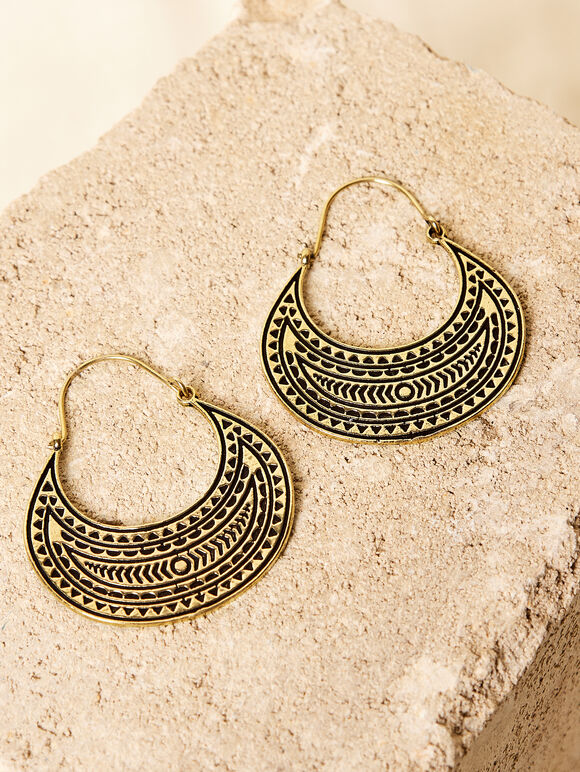 Gold Engraved Earrings, Yellow, large