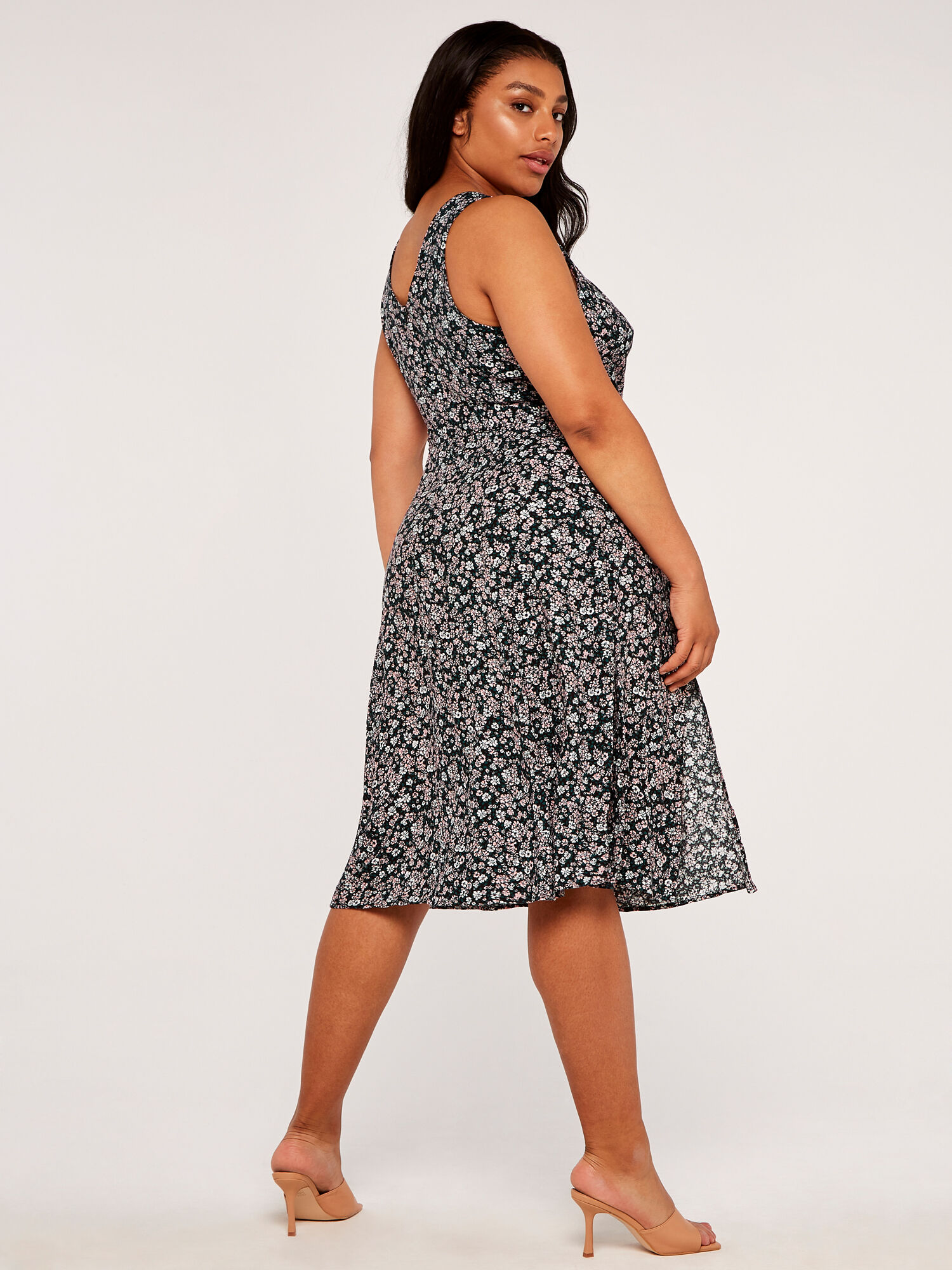 Curve Floral Pleat Slits Midi Dress Apricot Clothing