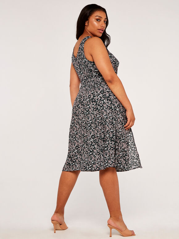 Curve Floral Pleat Slits Midi Dress, Green, large