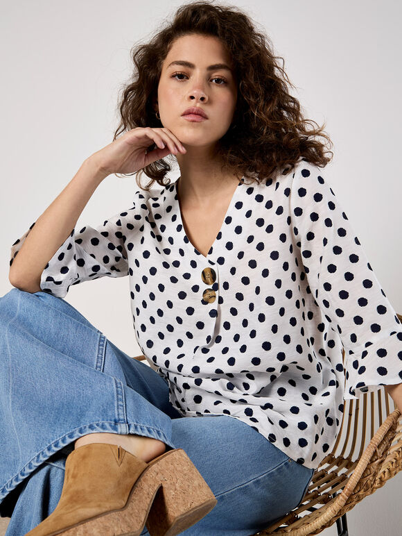 Polka Dot Bell Sleeve Blouse, White, large