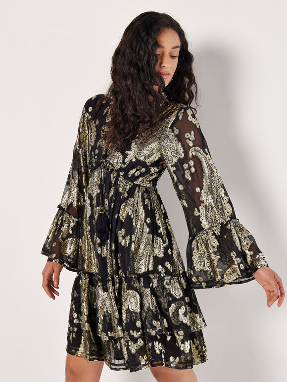Gold Foil Paisley Mini Dress, Black, large