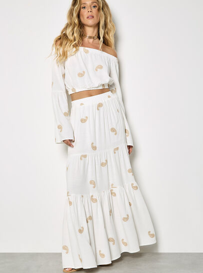 Paisley Embroidered Tiered Maxi Skirt