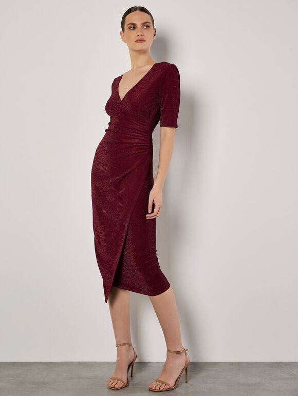 Foil Sparkle Ruched Midi Dress, Burgundy, large