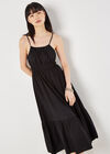 Drawstring Neck Smocked Midi Dress, Black, large