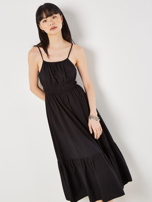 Drawstring Neck Smocked Midi Dress, Black, large