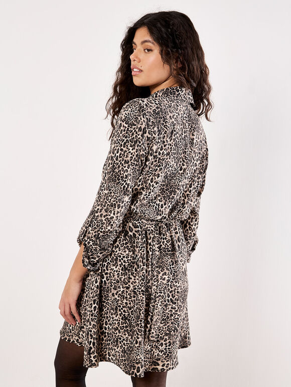 Animal Print Crepe Shirt Mini Dress, Stone, large