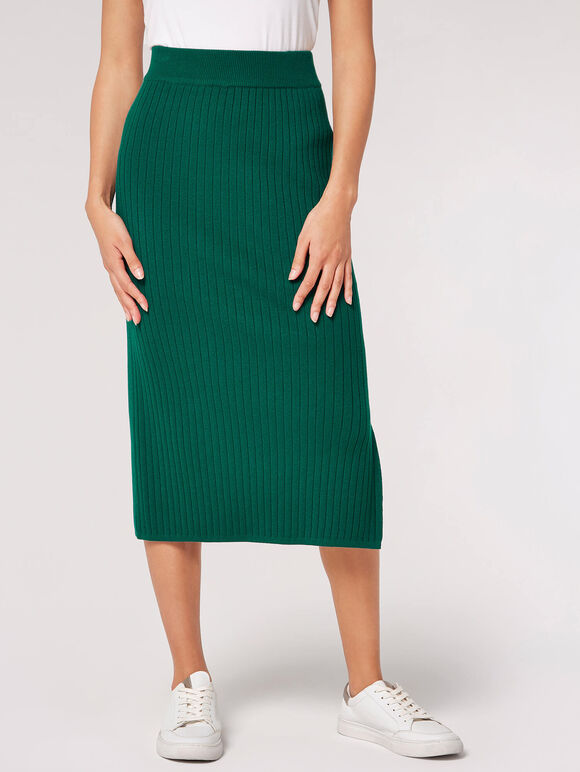 Ribbed Knit Midi Skirt, Green, large