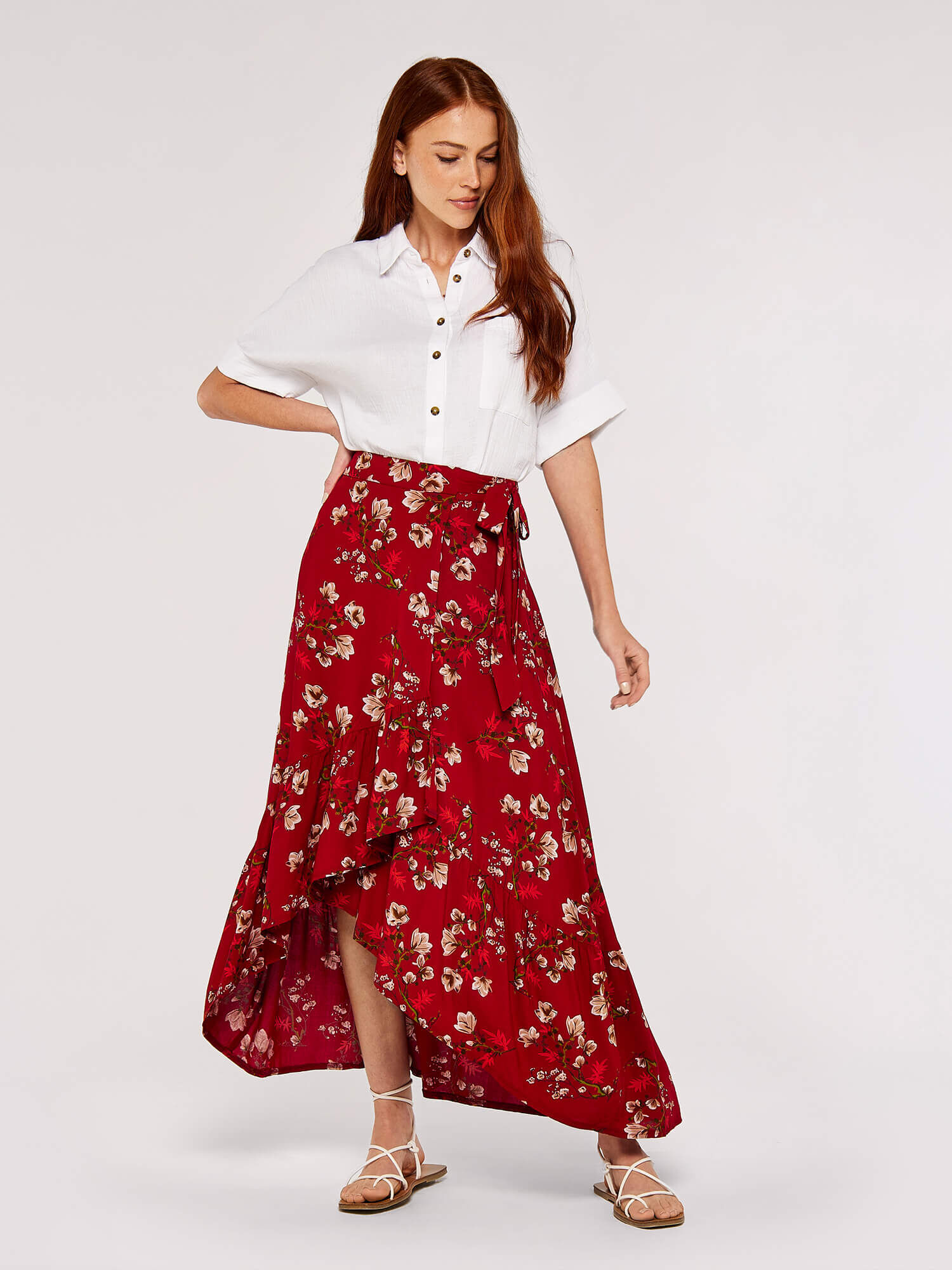 Long red wrap skirt hot sale