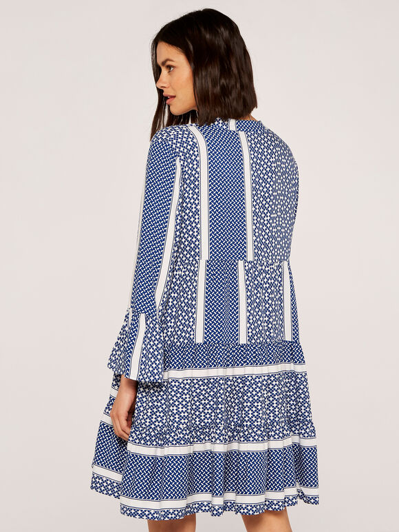Geometric V-Neck Tiered Dress, Blue, large
