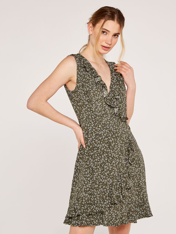 Ditsy Ruffle Wrap Dress, Khaki, large