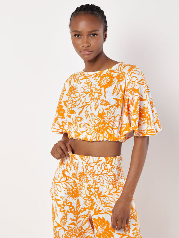 Cotton Floral Print Crop Top, Orange, large