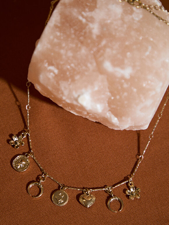 Gold Tone Charm Necklace, Gold, large