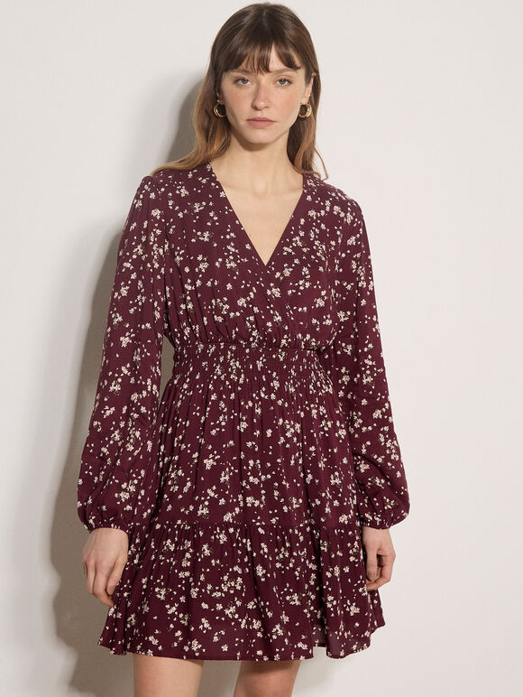 Floral Wrap Mini Dress, Burgundy, large