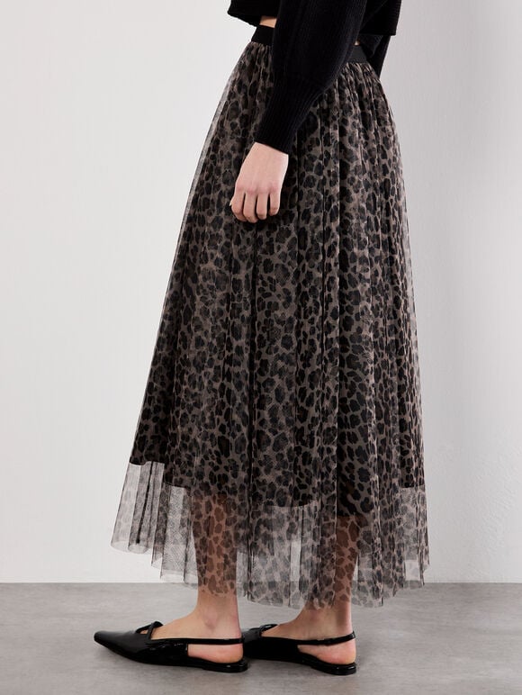 Leopard Tulle Skirt, Brown, large