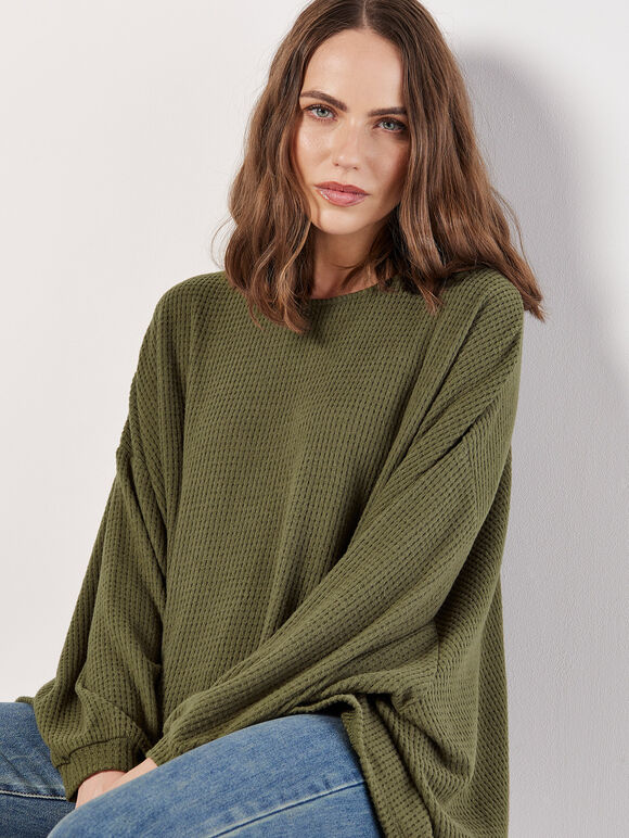 Soft-Touch Oversized Waffle Knit Top, Khaki, large