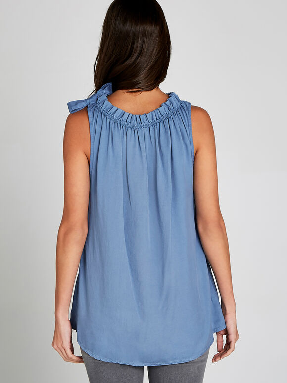 Frill Neck Tencel Top, Blue, large