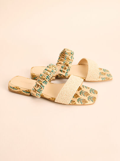 Floral Print Beaded Leather Sandals