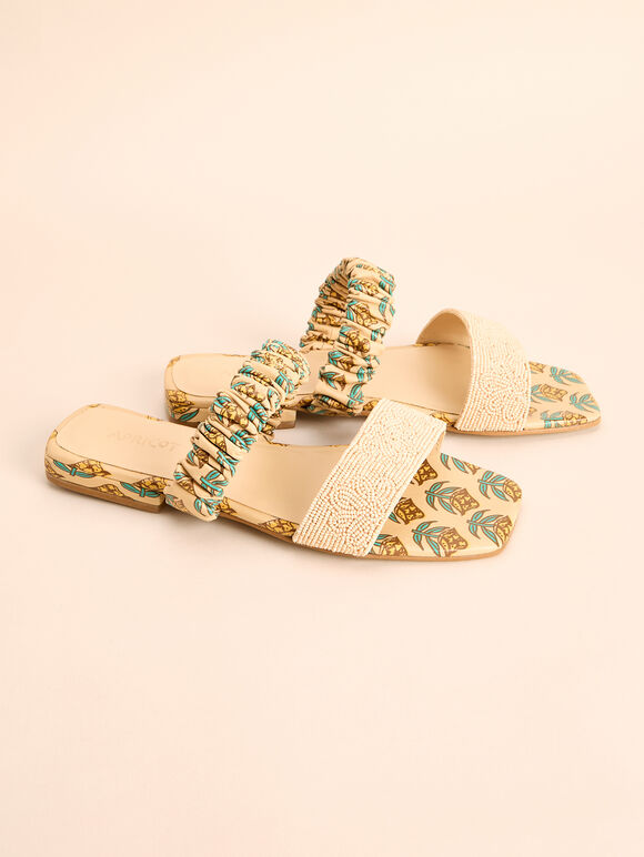 Floral Print Beaded Leather Sandals, White, large