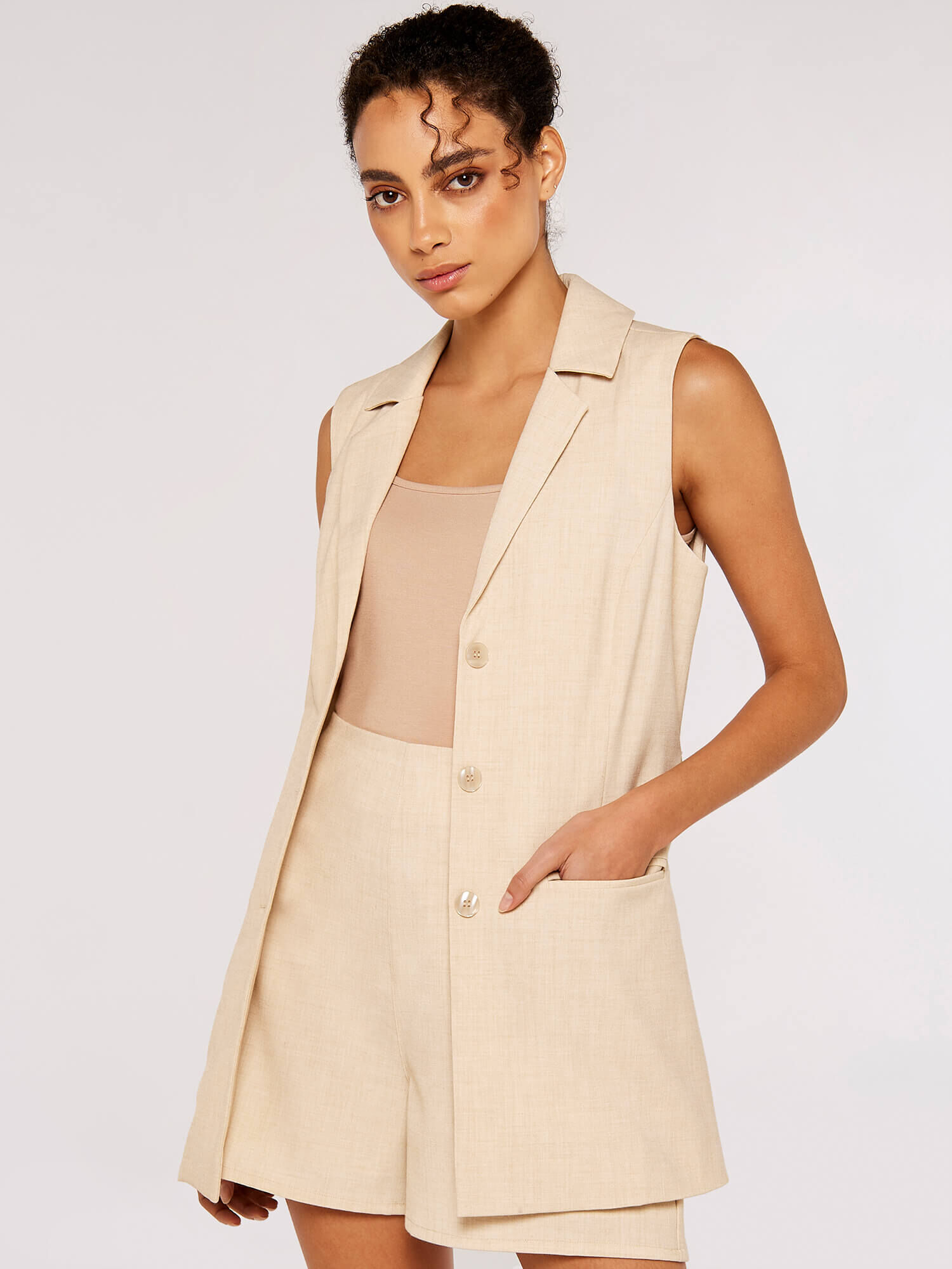 Sleeveless Tie Waist Blazer Apricot Clothing