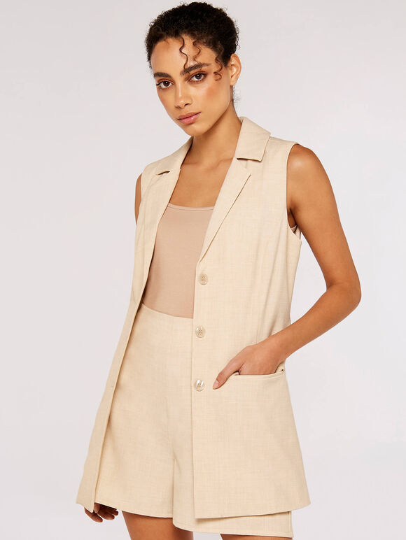 Sleeveless Tie Waist Blazer, Stone, large