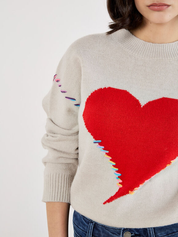 Colourful Stitch Heart Jumper, Stone, large