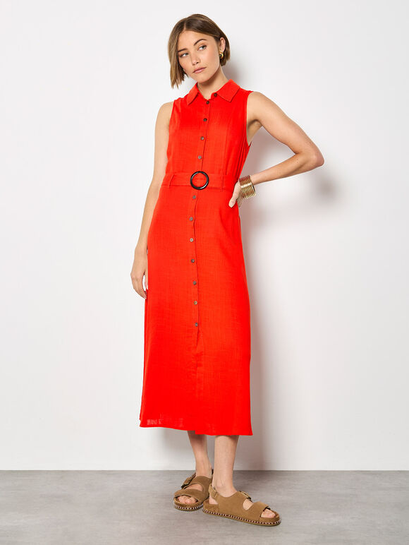 Linen Blend Shirt Midi Dress, Red, large