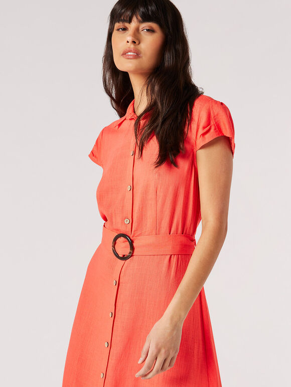 Linen Blend Belted Shirt Midi Dress, Red, large