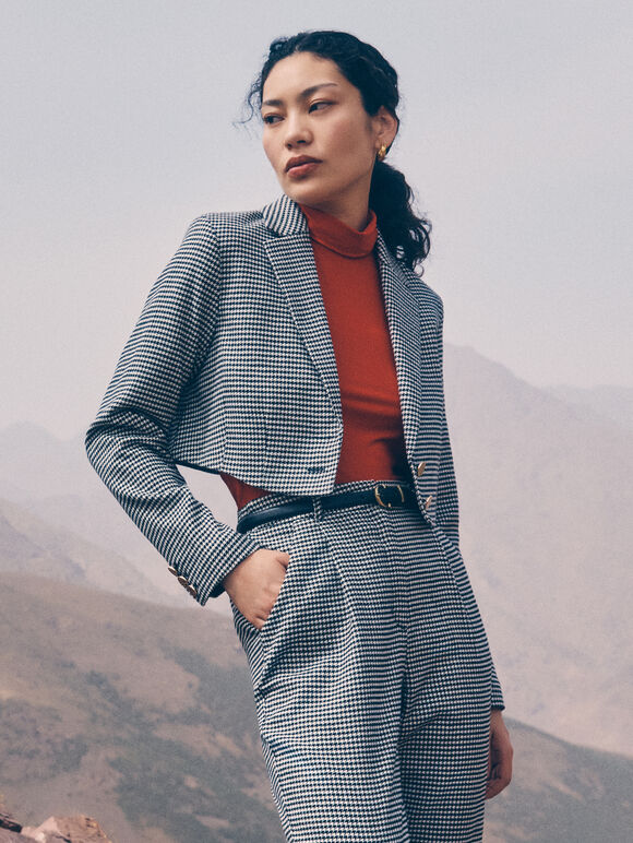 Dogtooth Cropped Blazer, Black, large
