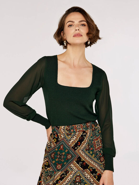 Chiffon Sleeve Knitted Jumper, Green, large