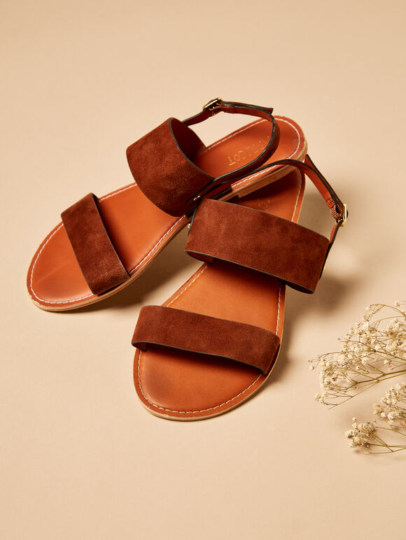 Flat Leather Sandal, Brown - Tan, large