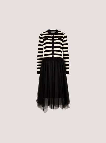 Stripe Knit Bodice Tulle Midi Dress
