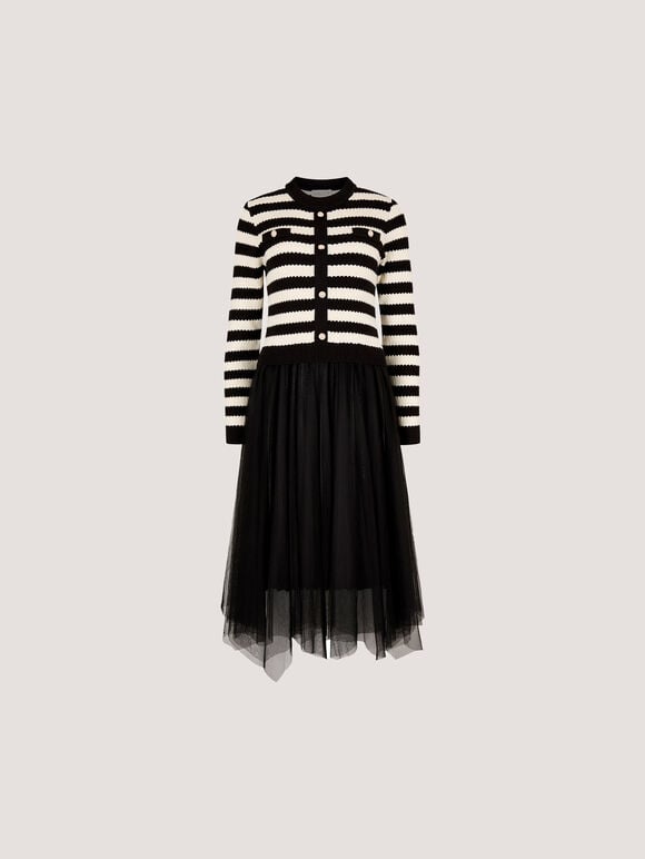 Stripe Knit Bodice Tulle Midi Dress, Black, large