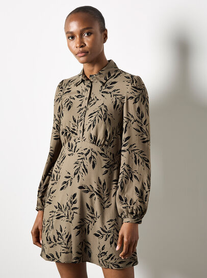 Leaf Print Shirt Mini Dress